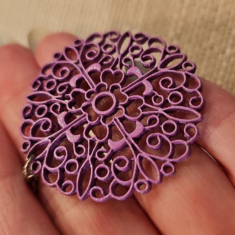 Lilac Metal Mandala Pendant on Long Silvertone Chain